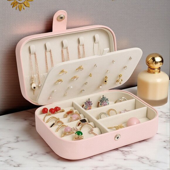 🆕Chic & Secure Pink PU Leather Jewelry Organizer | Multi-Layer Storage Box - Picture 1 of 12